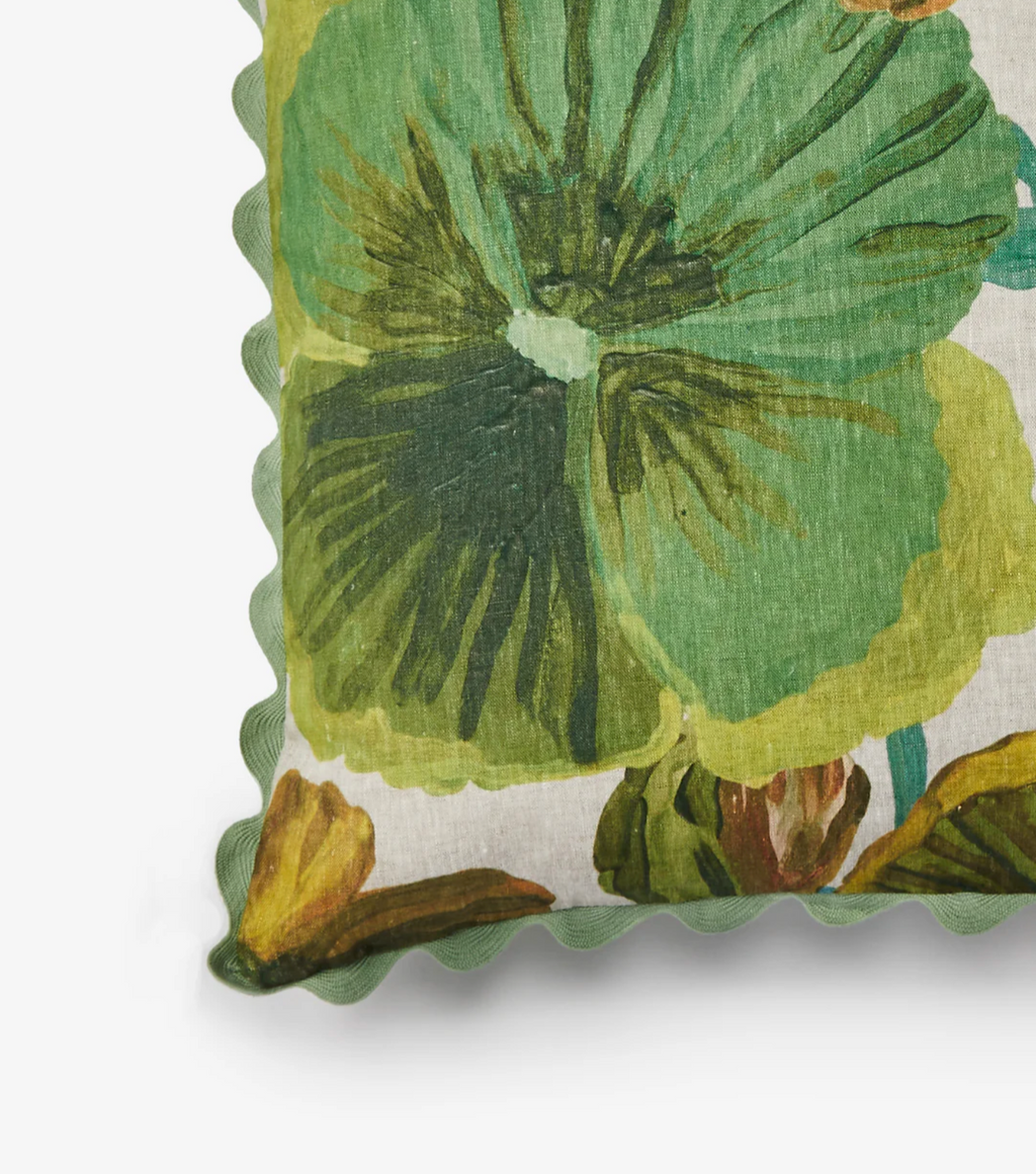 Wild Pansy Verde Linen Cushion Bonnie and Neil